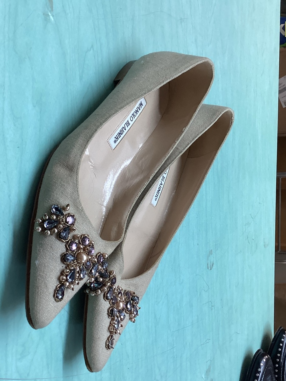 Manolo Blahnik Beige Jeweled Pointed-Toe Flats